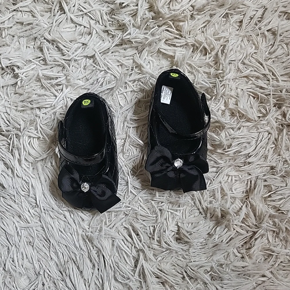 First Steps Baby Shoes Black Dress Mary Janes with Bow Size 6-9M ✨️💫